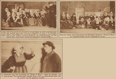 870922 Collage van 3 foto's betreffende de opvoering van de operette 'Kruis of Munt' door de Vereeniging Limburgia in ...
